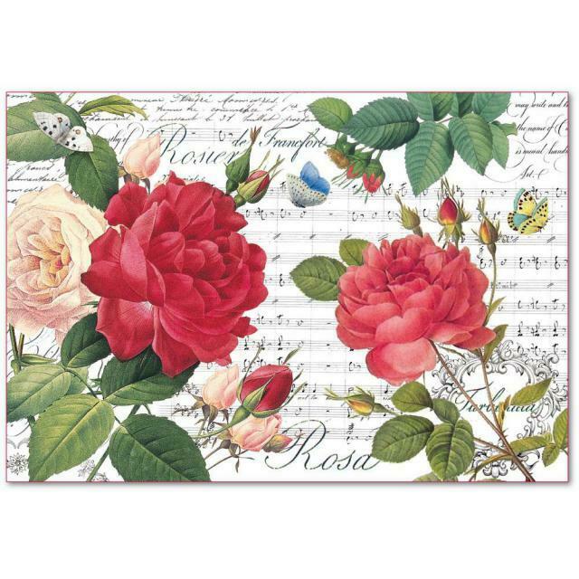 Foglio 48x33 cm IN CARTA DI RISO stampata Rose rosse e musica per decoupage  rosa - RomaLab
