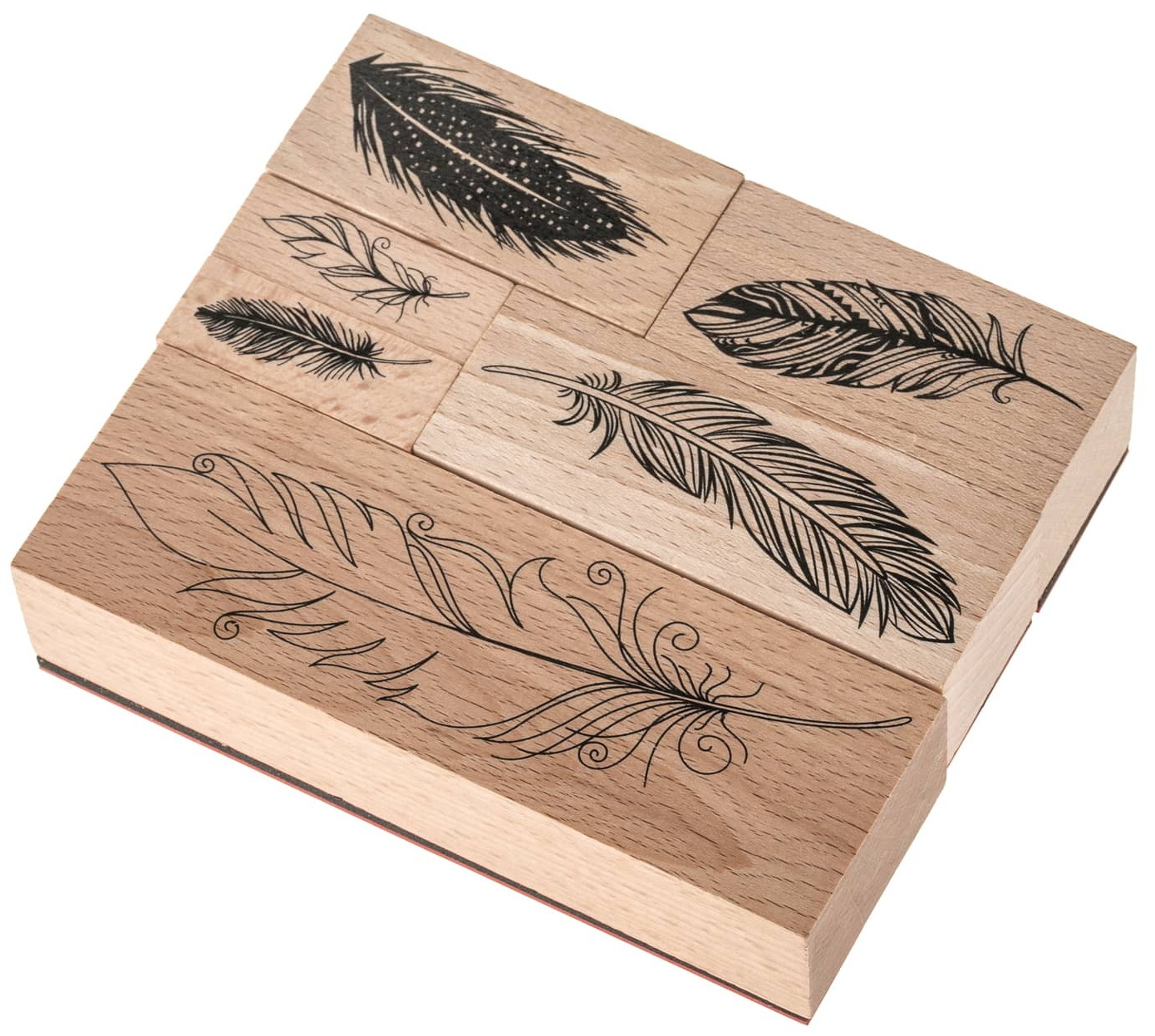 6 TIMBRI con base in legno piume STAMP SET per SCRAPBOOKING penne Feathers  - RomaLab